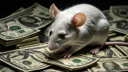 White Mouse on a Pile of Dollars: Symbol of Economic Abundance