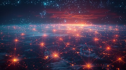 Fototapeta premium A depiction of quantum entanglement, with pairs of particles connected by glowing lines, stretching across vast distances in a cosmic setting. AI Technology and Industrial works concept,