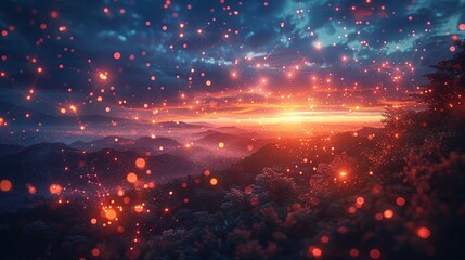 Obraz premium A cosmic landscape with atoms and particles floating in the sky, their paths traced by glowing trails of energy, symbolizing the fundamental nature of matter. AI Technology and Industrial works