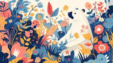 Obraz premium Charming illustrations of adorable animals and vibrant flora