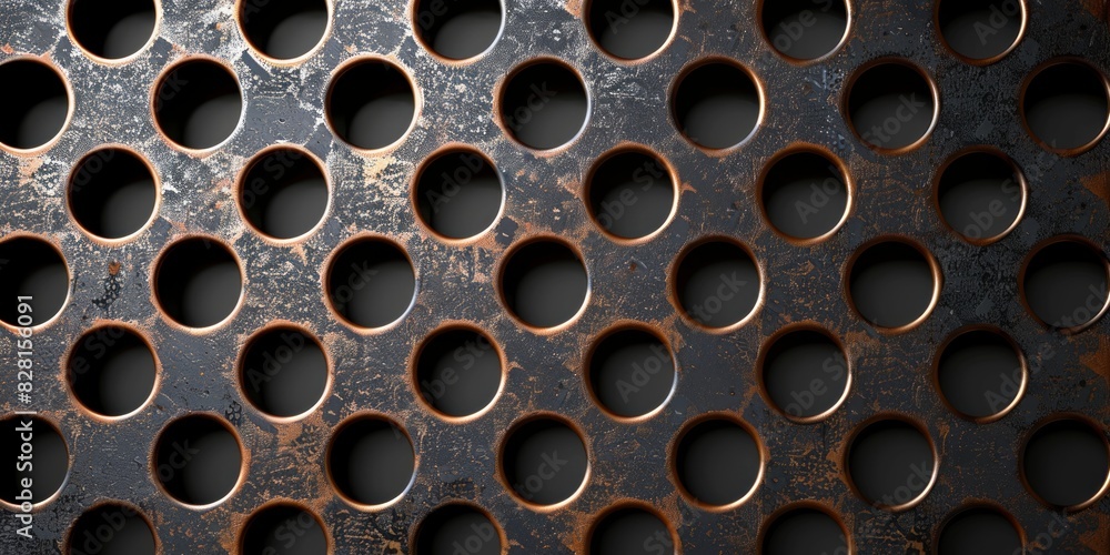 Poster shiny metal surface punctuated by a multitude of holes, adding texture and depth to the composition.