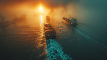 A ship is sailing in the ocean with a sunset in the background. The sky is hazy and the water is calm - Powered by Adobe
