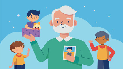 Fototapeta premium A proud grandfather showing off his latest photography project featuring candid shots of his grandchildren at play.. Vector illustration