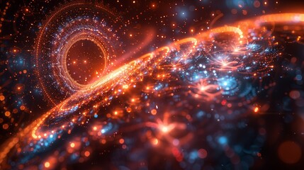Obraz premium An abstract visualization of quantum decoherence, with particles transitioning from coherent superpositions to classical states, set against a complex, dynamic background. AI Technology and