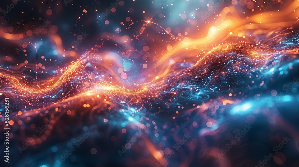 Wall mural An ethereal depiction of quantum fields, with particles appearing and disappearing, overlaid on a background of swirling cosmic dust and light. AI Technology and Industrial works concept,