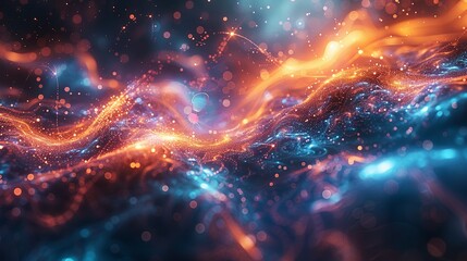 An ethereal depiction of quantum fields, with particles appearing and disappearing, overlaid on a background of swirling cosmic dust and light. AI Technology and Industrial works concept,