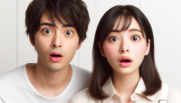 驚いた顔の日本人の若い夫婦