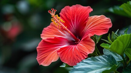 A close-up of a hibiscus flower, its bold red petals and prominent stamen detailed against a backdrop of lush green leaves, highlighting its tropical beauty.