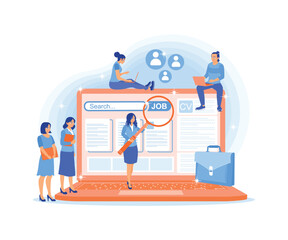 Employees are looking for work on social media. Looking for job info on my laptop. Job Search concept. Flat vector illustration.