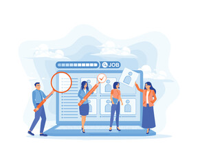 Companies post job vacancy advertisements on social media. People search for job vacancy information on the Internet. Job Search concept. Flat vector illustration.