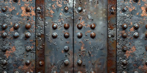 The image is of a rusted metal door with many holes and screws