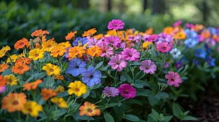 A vibrant garden scene with clusters of petunias, marigolds, and zinnias, their bright colors and varied shapes creating a lively and dynamic composition.