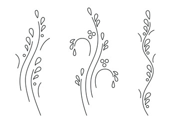 Vines and leaves universal collection isolated on white background. Stylized vertical plants and shoots silhouette for border, interior design, card or other using. Vector illustration. Not AI created
