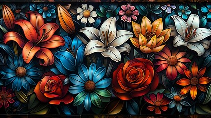 Fototapeta premium An abstract floral design with stylized lilies, daisies, and roses, their shapes outlined in black and filled with bright, gradient colors for a modern, eye-catching effect.