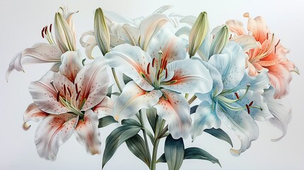 An artistic rendering of a bouquet of lilies, their elegant petals and long stamens depicted in soft, watercolor hues against a white background.