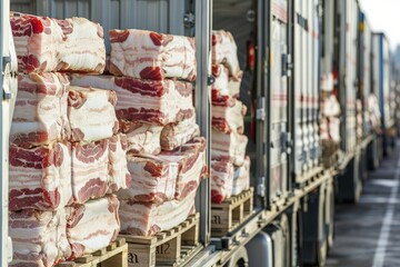 A line of refrigerated trucks being loaded with pallets of packaged bacon for transport to supermarkets and distributors