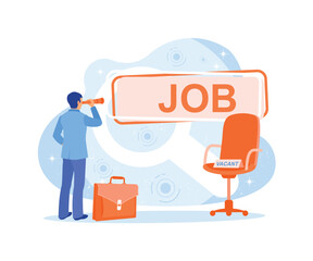Man looking for work. Using binoculars look for empty positions. Job Search concept. Flat vector illustration.