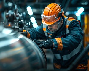 Industrial engineer in protective gear working diligently on machinery in a factory setting, ensuring safety and precision.