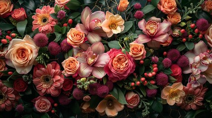 An intricate floral installation with a mix of traditional roses and exotic orchids, accented by...
