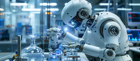 Fototapeta premium A robot is working in a lab, surrounded by various scientific equipment. The robot appears to be focused on its task. Scene is serious and focused