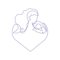 Happy Mother day card. Continuous one line drawing. Woman hold her baby. Vector illustration