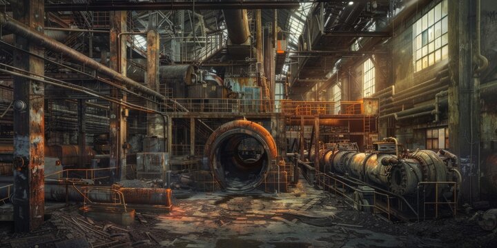 Neglected industrial environment cluttered with waste and stagnant water. Post-apocalyptic setting
