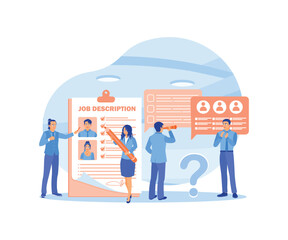 Employers create job descriptions. Applicants search for job learning offers on the internet. Job Description concept. Flat vector illustration.