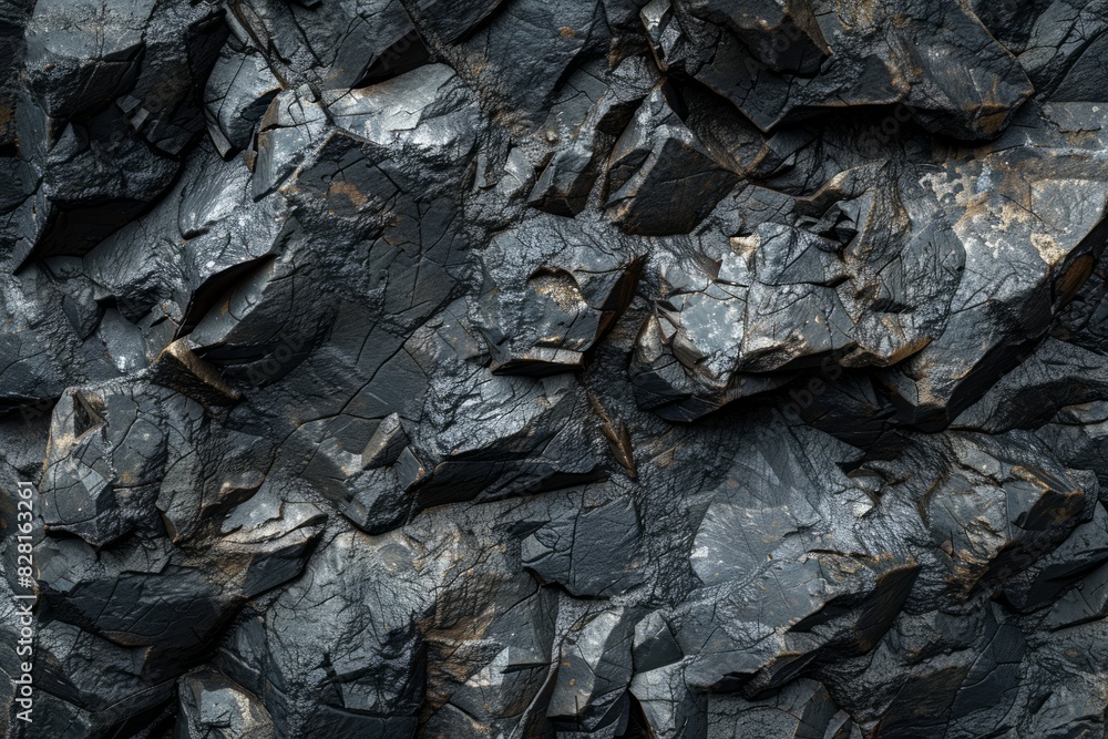 Poster macro view of an aged rock wall displaying a network of deep cracks and crevices. weathered natural 