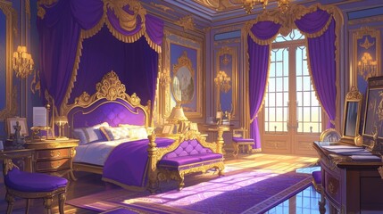 Fototapeta premium Illustration of an opulent royal bedroom in a palace fit for a king or queen featuring luxurious purple furniture in a classical empire style The room boasts a majestic canopy bed an elegant