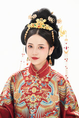 A woman wearing ancient Chinese clothing against a white background.