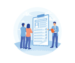 The concept of job duties and responsibilities. Candidates view job descriptions to fill vacancies. Job Description concept. Flat vector illustration.