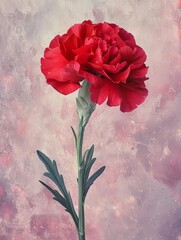 Beautiful red carnation flower with green stem and leaves against a pink textured background, portraying elegance and freshness.