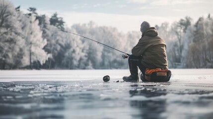 A man is consciously fishing on a frozen lake.
