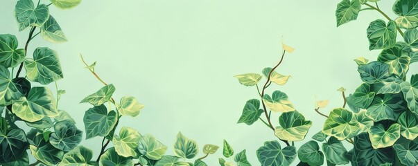 Obraz premium Green ivy leaves on a light green background forming a natural frame, perfect for nature-themed designs and backgrounds.
