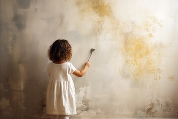Obraz premium Innocent Creativity Little Girl Painting Dreams on the Wall. 