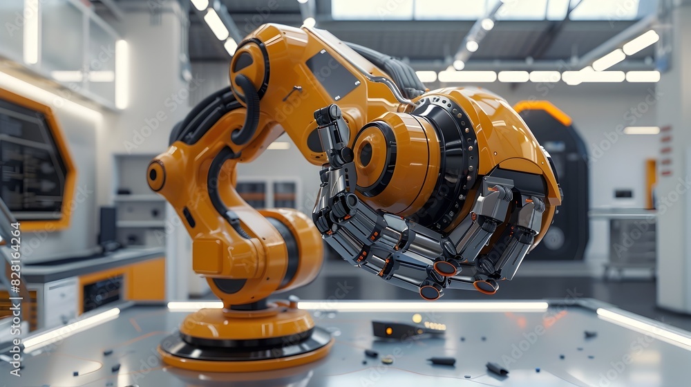 Poster 3d robotic arm showcase: intricate mechanics in a high-tech workshop