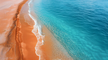 A beach with a blue ocean and a red sand. The water is calm and the sky is clear