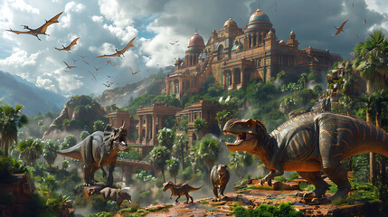illustration of a prehistoric jungle teeming with dinosaurs ancient ruins and primal tribes where explorers uncover the secrets of a lost world frozen in time