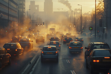 A busy city street with a lot of cars and a lot of smoke. The cars are driving in the rain and the...