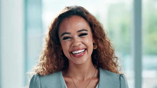 Office, intern or black woman in portrait with smile for new opportunity, corporate program and career. Professional, female worker or business internship in London for learning, experience or skills