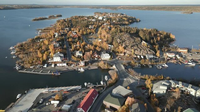 Aerial view of Yellowknife Bay and Old Town in Autumn. Yellowknife, Great Slave Lake, Northwest Territories, Canada.