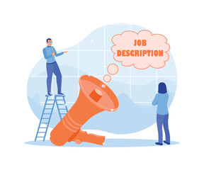 The HR team recruits workers. Explain the responsibilities and jobs of the vacancy position. Job Description concept. Flat vector illustration.