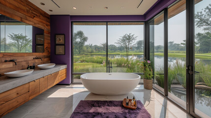 Minimalist contemporary bathroom of a villa hotel by grassland in purple theme