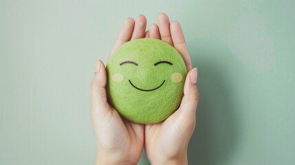 Hands Holding a Green Smiling Face Stress Ball on Soft Green Background