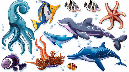 Fototapeta premium Set of Sea Animals on a White Canvas Sticker,vector image