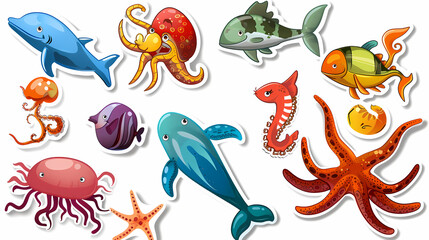 Set of Sea Animals on a White Canvas Sticker,vector image