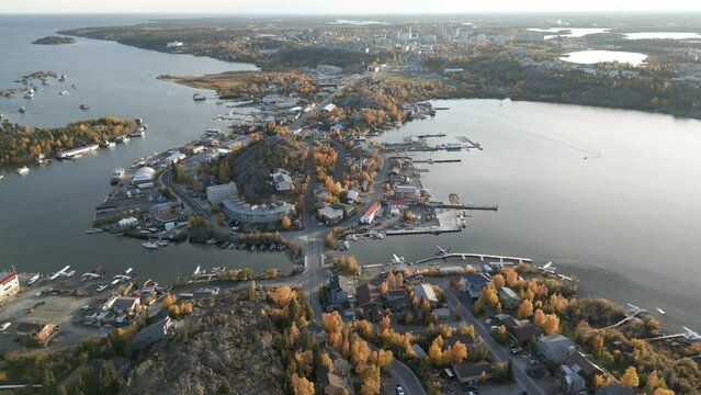 Aerial view of Yellowknife Bay and Old Town in Autumn. Yellowknife, Great Slave Lake, Northwest Territories, Canada.