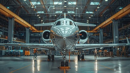 Aircraft Maintenance: Illustrate technicians performing maintenance checks on an aircraft in a well-equipped hangar, showcasing tools, equipment, and meticulous attention to detail. Emphasize the safe