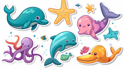 Set of Sea Animals on a White Canvas Sticker,vector image