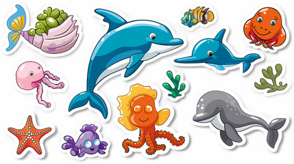 Set of Sea Animals on a White Canvas Sticker,vector image